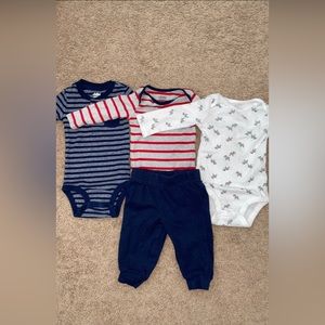 Carter's Child of Mine Baby Boy Long Sleeve Bodysuits plus 1 pant size 3-6 mos